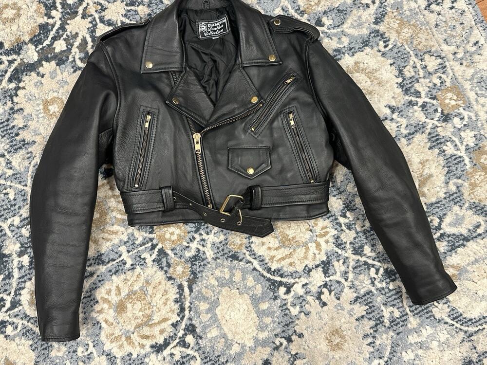 Black Leather Moto Biker Jacket Diamond Collection Women’s Medium Vintage 80-90s